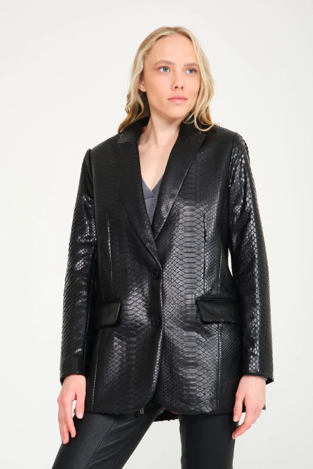 Black Python Leather Coat