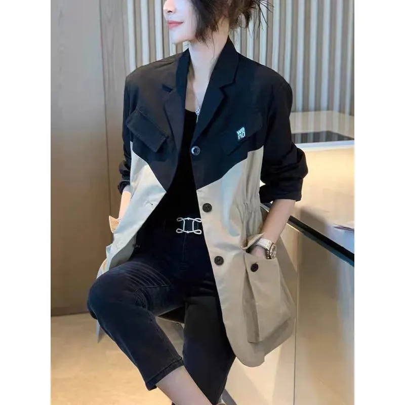 Button Front Patchwork Cinched Waist Notch Collar Jacket