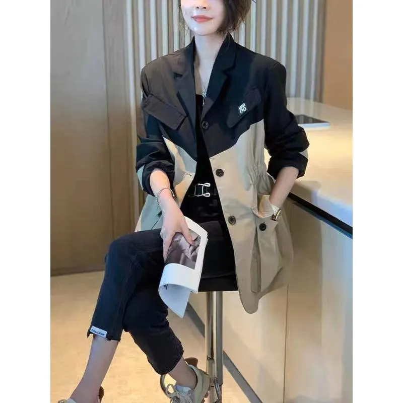 Button Front Patchwork Cinched Waist Notch Collar Jacket