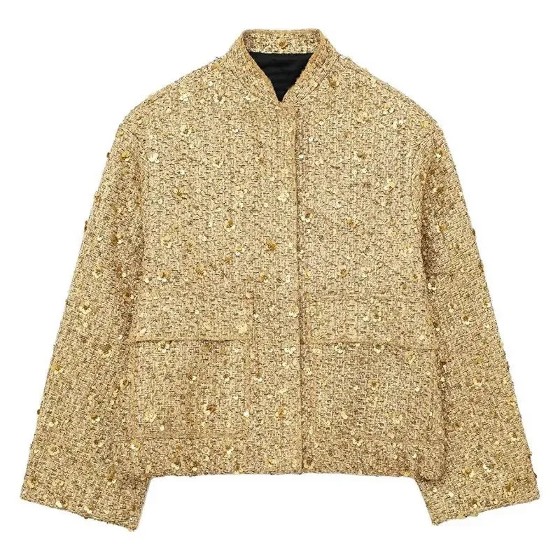 Button Up Collar Long Sleeve Jacket With Shiny Sequin Embellishments