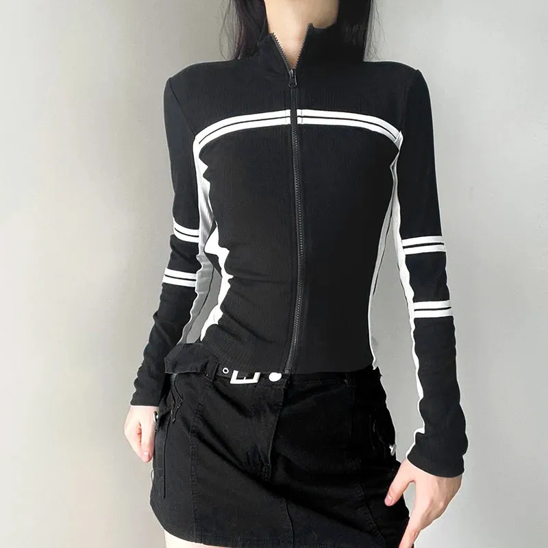 Casual Skinny Zip Up Jacket Women Stripe Patchwork High Neck Moto&Biker Style Autumn Coats Korean Sporty Thin Jackets