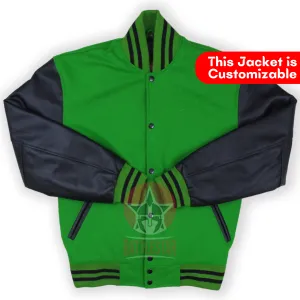 Kelly Green Wool Black Leather Sleeves Varsity Jacket