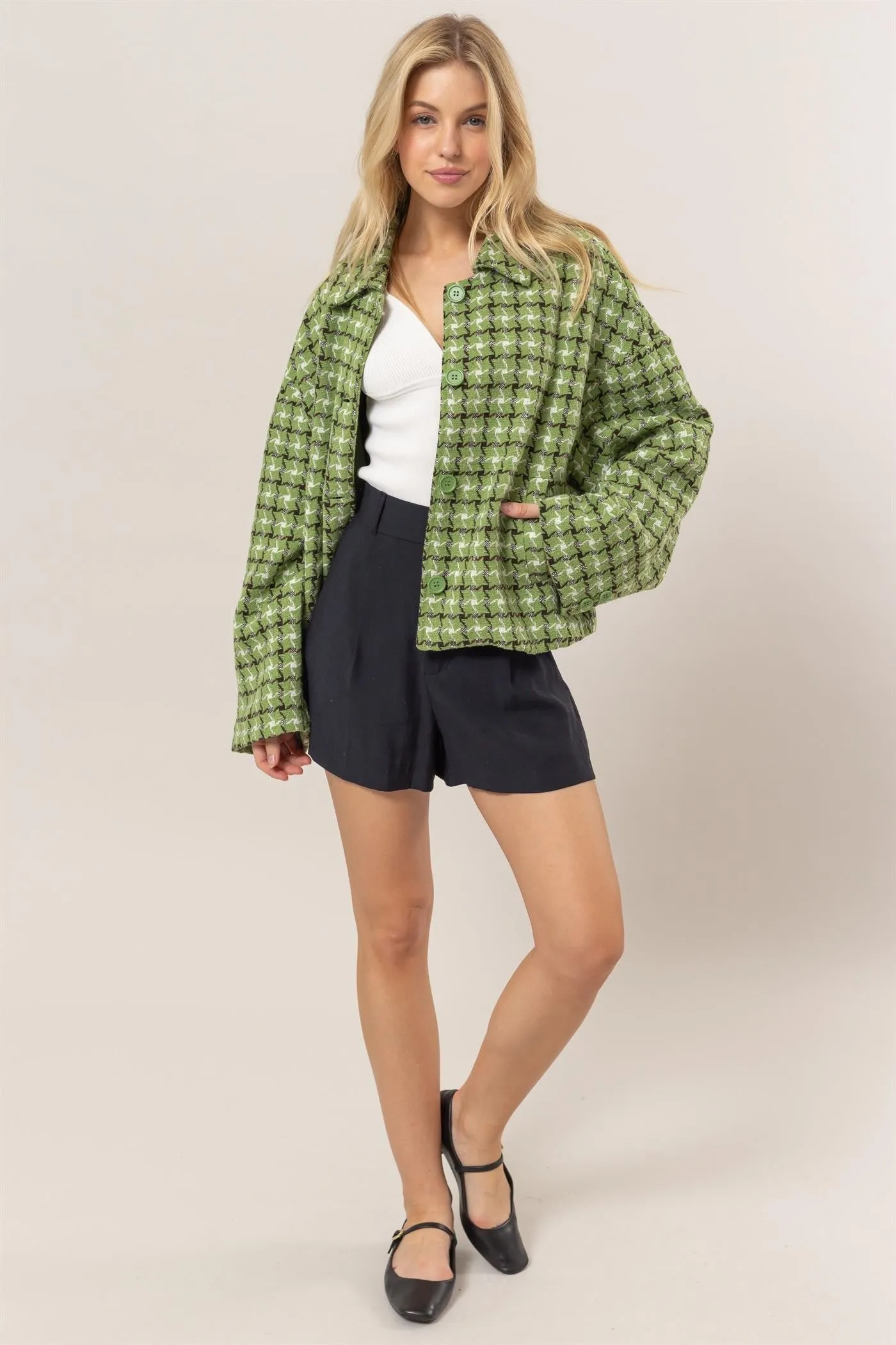 kesley Tweed Plaid Button Up Collared Neck Jacket