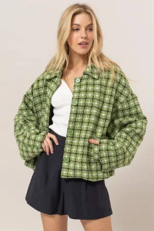 kesley Tweed Plaid Button Up Collared Neck Jacket