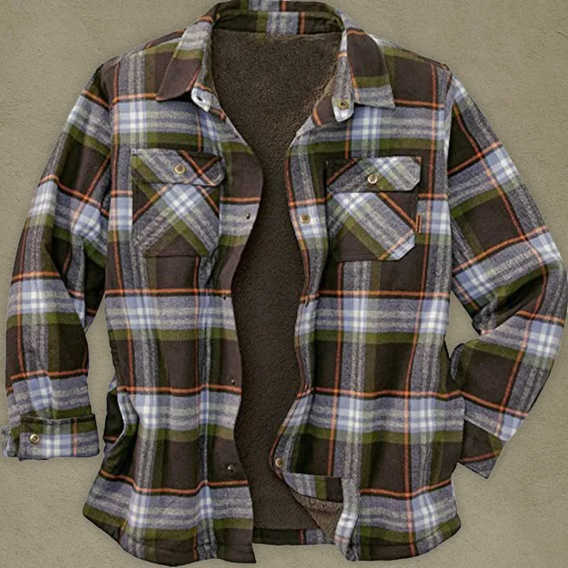 Long Sleeve Lapel Lapel Plaid Fleece Shirt Men's Jacket