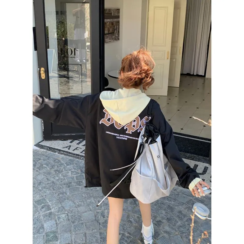 Loose Fit Embroidery Unisex Street Style Faux Two-Piece Windbreaker