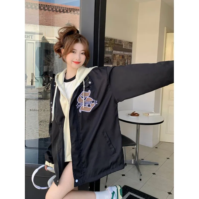 Loose Fit Embroidery Unisex Street Style Faux Two-Piece Windbreaker