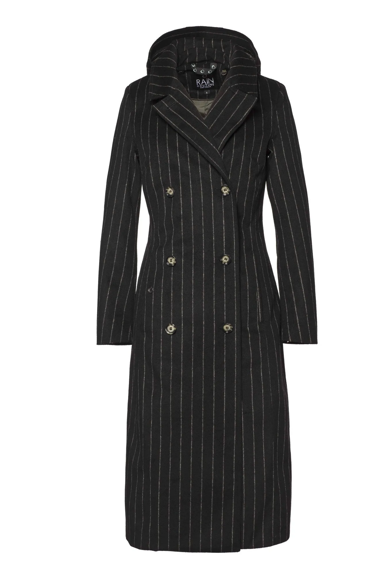 Maxi double breasted wrapcoat - Black Wool Stripe