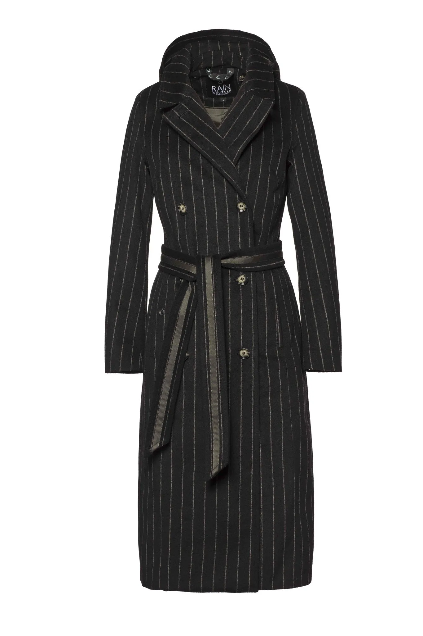 Maxi double breasted wrapcoat - Black Wool Stripe