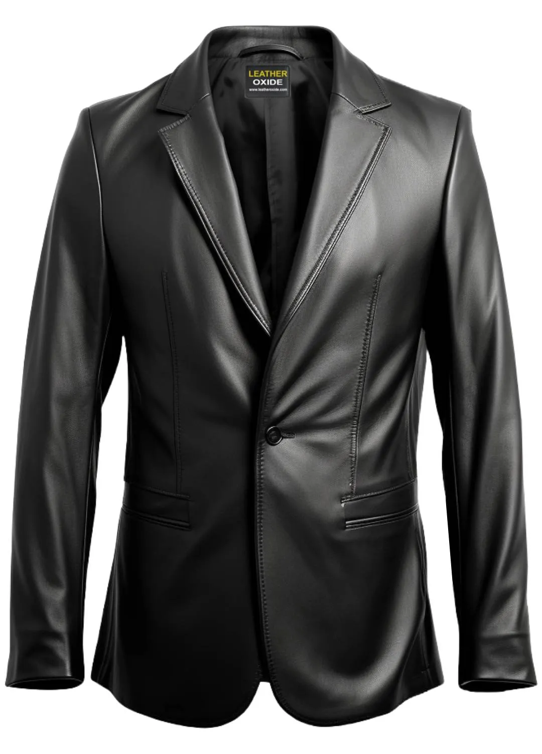 Men One Button Black Leather Blazer