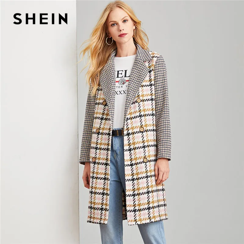 Multicolor Office Lady Elegant Double Breasted Notched Neck Plaid Coat