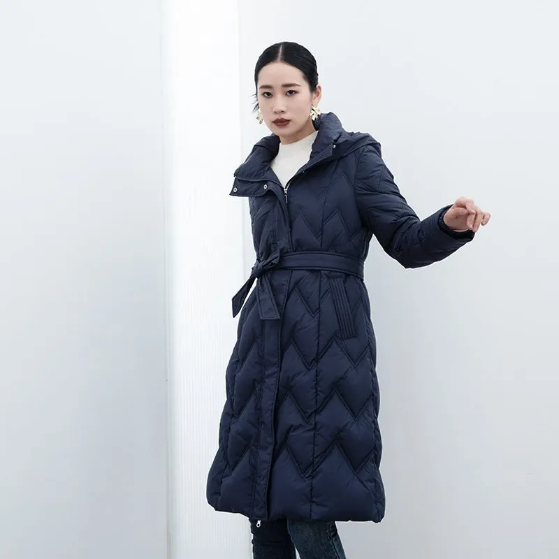 Navy Blue High Waist Long Goose Winter Down Jacket