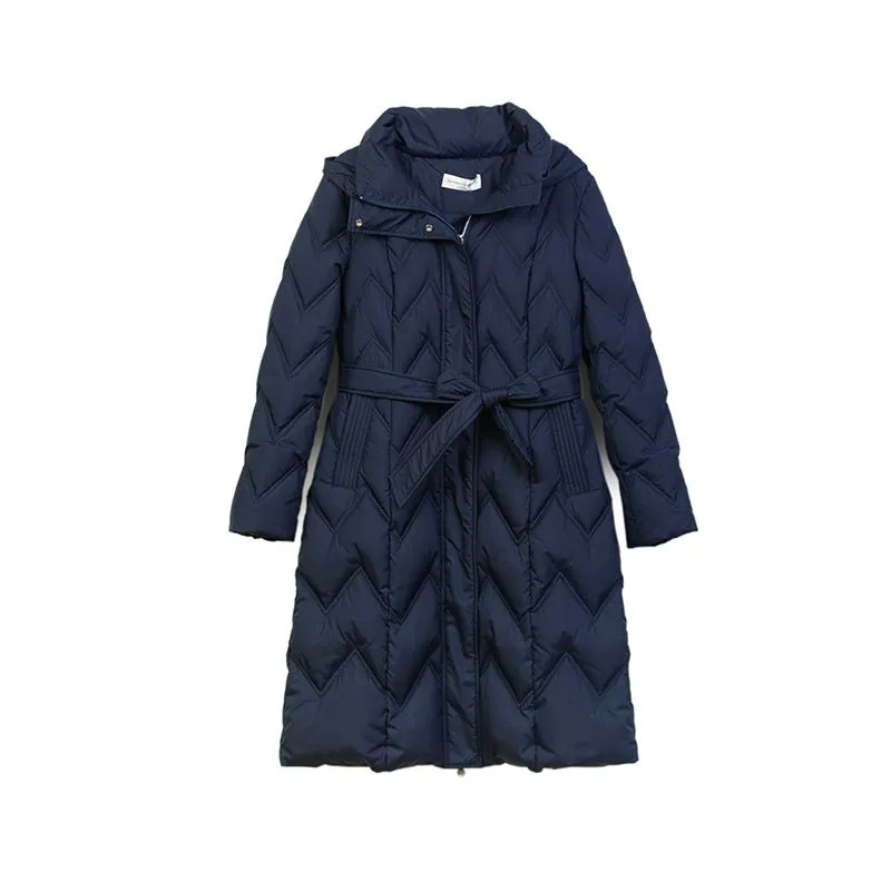 Navy Blue High Waist Long Goose Winter Down Jacket