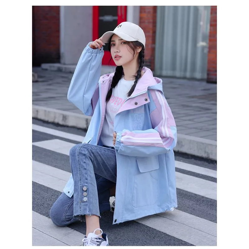 Patchwork Casual Raincoat Hooded Jacket