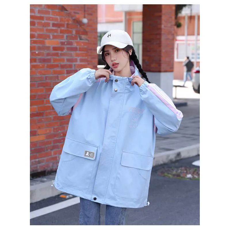 Patchwork Casual Raincoat Hooded Jacket