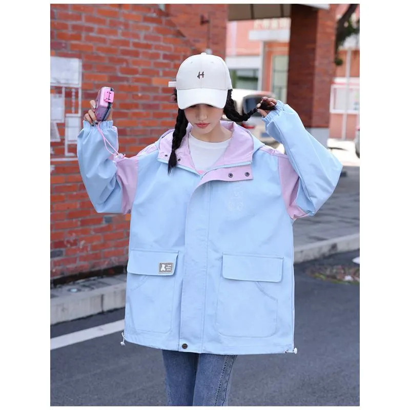 Patchwork Casual Raincoat Hooded Jacket