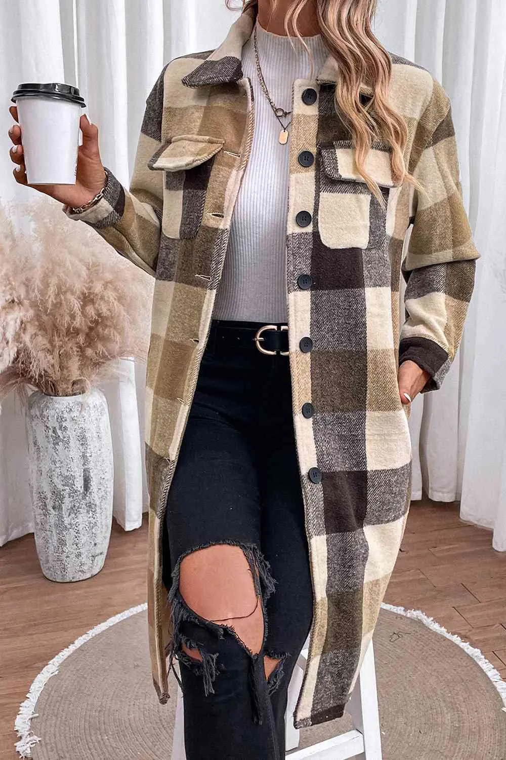 Plaid Button Down Longline Coat