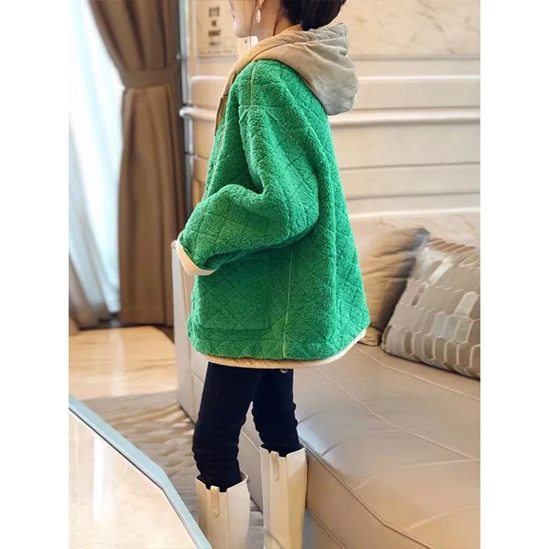 Plush Green Thickened Lamb Plus Velvet Hooded Teddy Coat