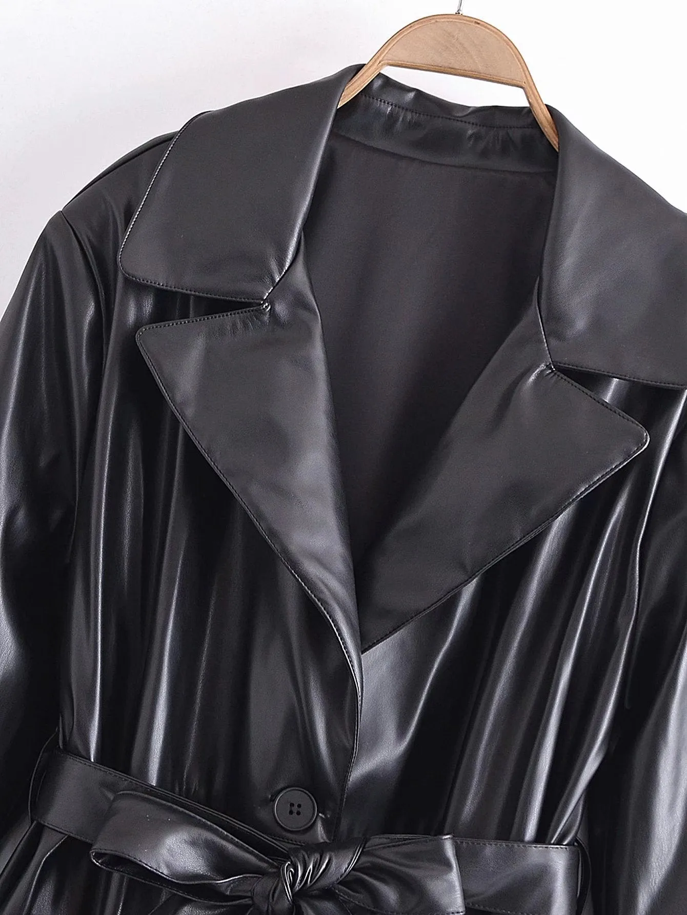 Pre Order:  Black Vegan Leather Belted Trench Coat