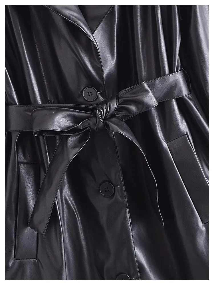 Pre Order:  Black Vegan Leather Belted Trench Coat