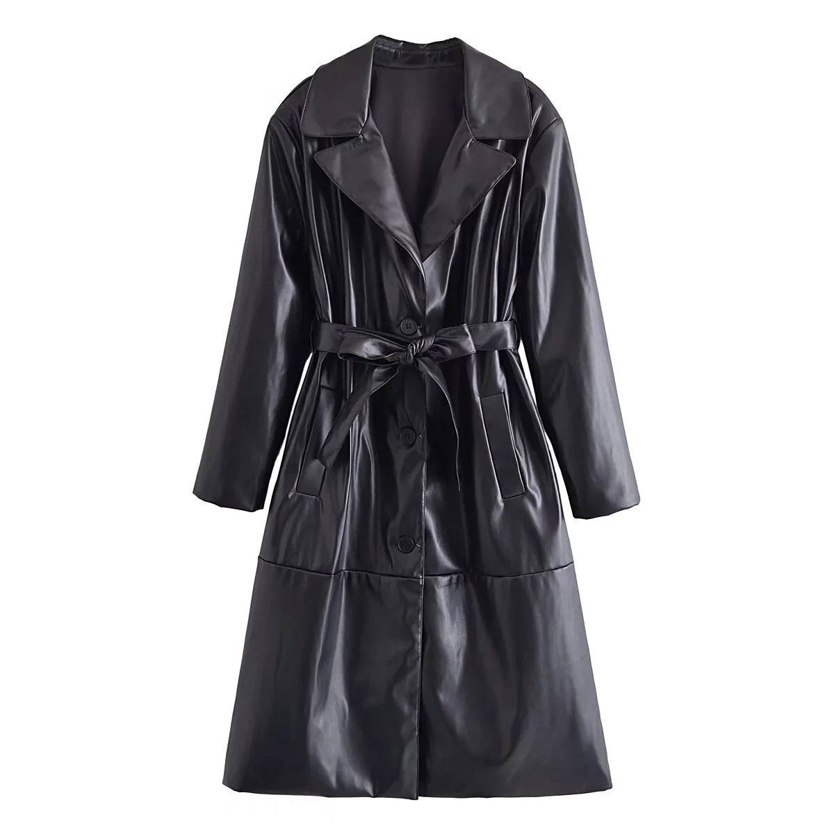 Pre Order:  Black Vegan Leather Belted Trench Coat