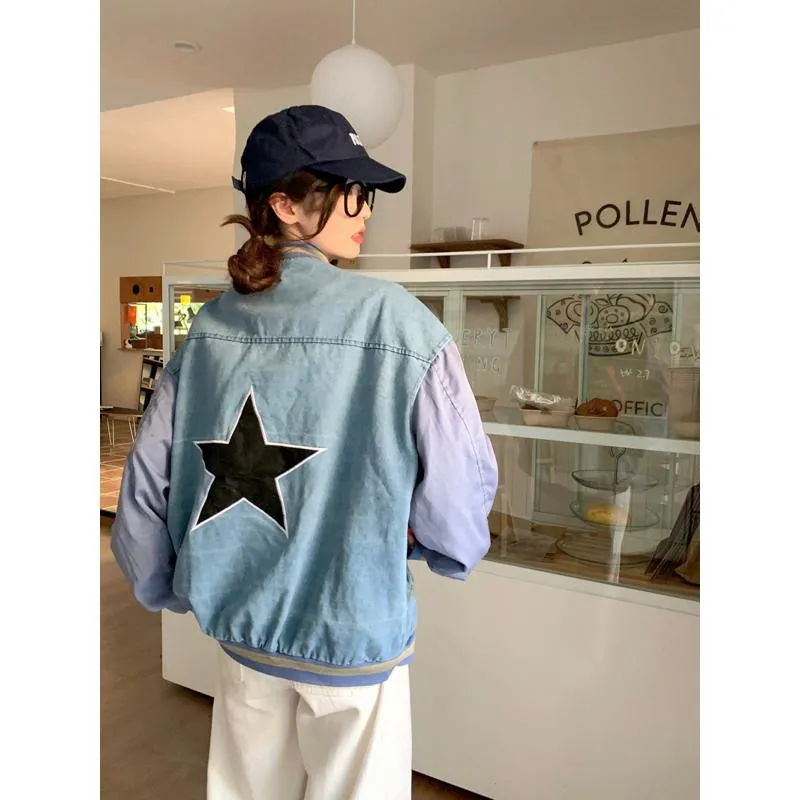 Preppy Style Niche Denim Varsity Jacket