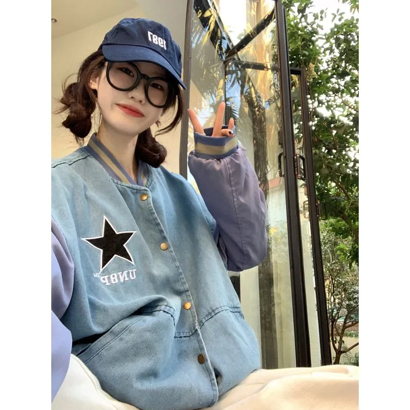 Preppy Style Niche Denim Varsity Jacket