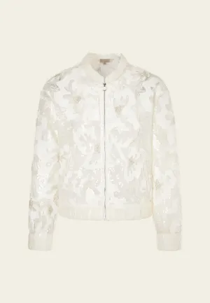 Ribbed-trim Camouflage Translucent Sequined Mesh Jacket