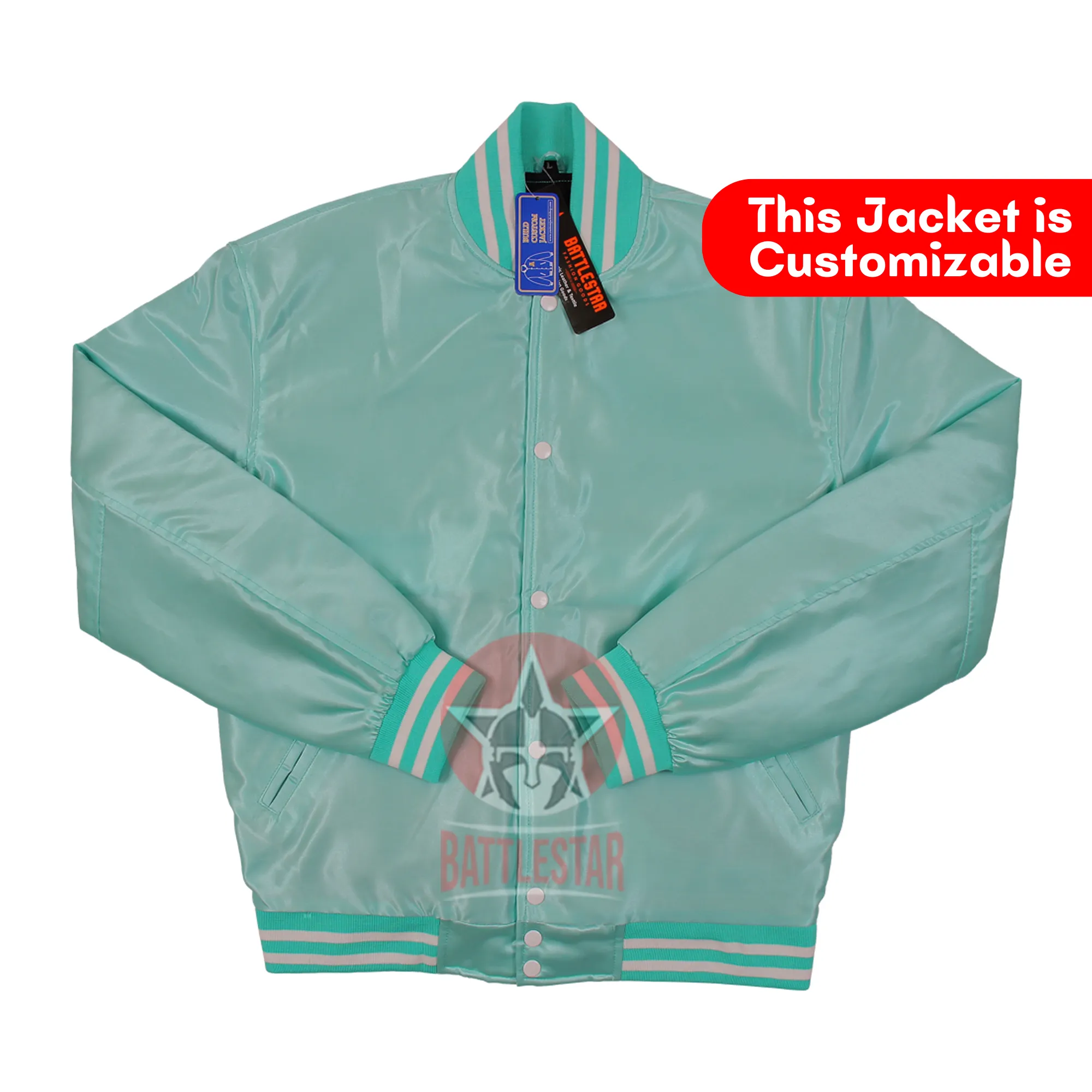 Turquoise Satin Fabric Baseball Bomber Letterman Varsity Jacket