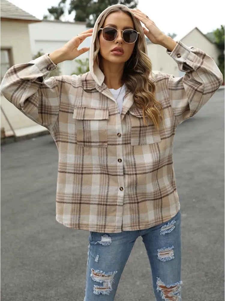 Wenkouban Autumn Plaid Hooded Shirts Women Casual Buttoned Jackets  Vintage Loose Coats Long Sleeve Lapel Tops Female Pockets Outerwears