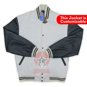 White Wool Black Leather Sleeves Varsity Jacket