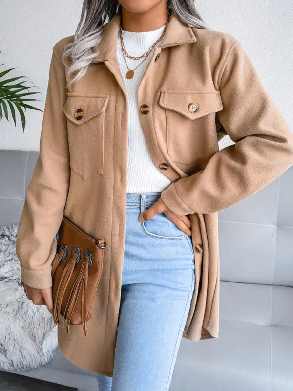 Women's Single Breasted Woolen Button Up Coat With Belt