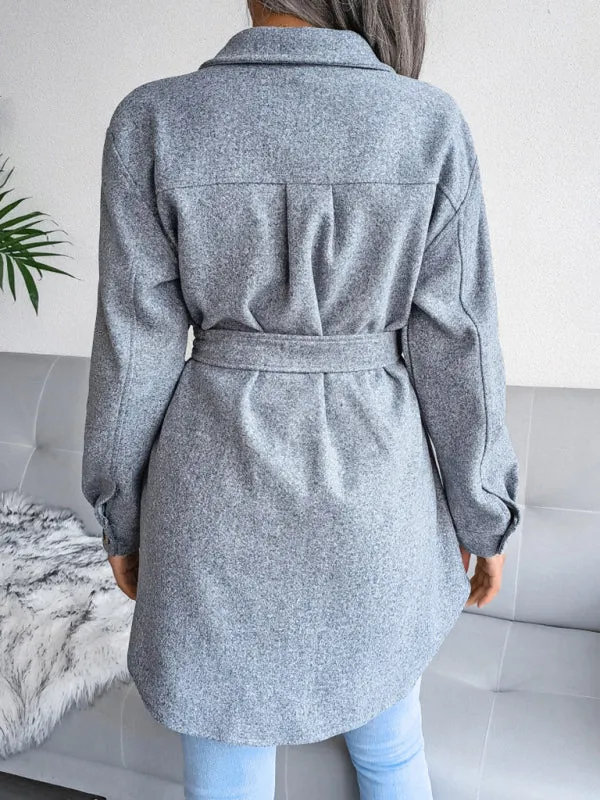 Women's Single Breasted Woolen Button Up Coat With Belt