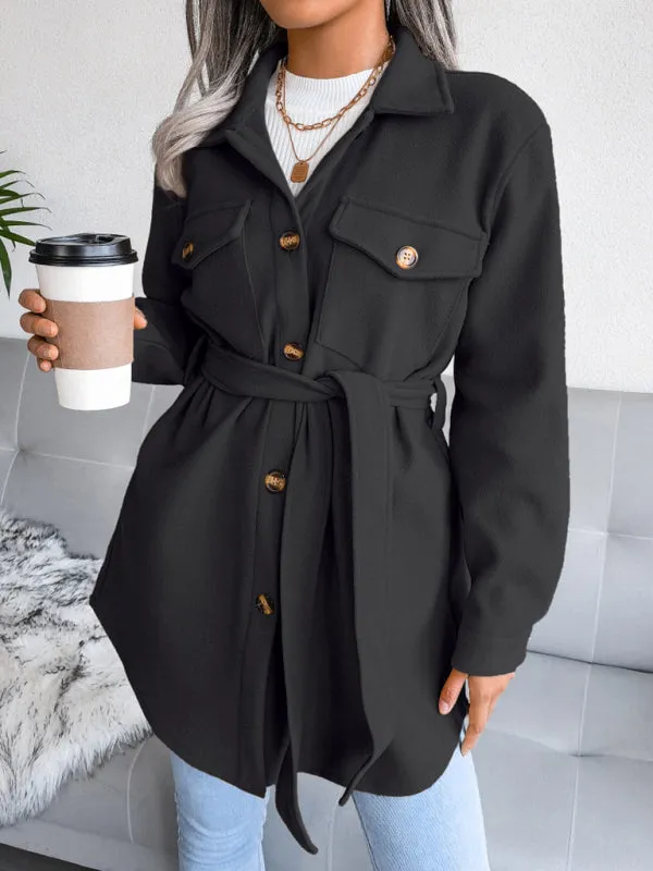 Women's Single Breasted Woolen Button Up Coat With Belt