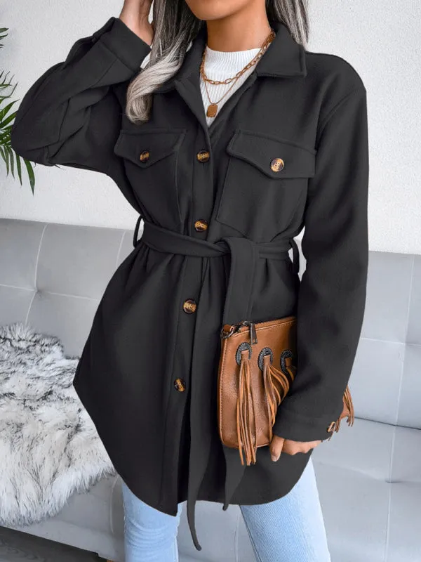 Women's Single Breasted Woolen Button Up Coat With Belt