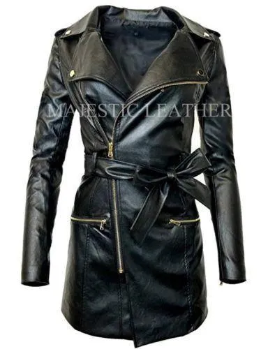 Women's Zip-up Long Jacket Belt Real Leather Trench Coats