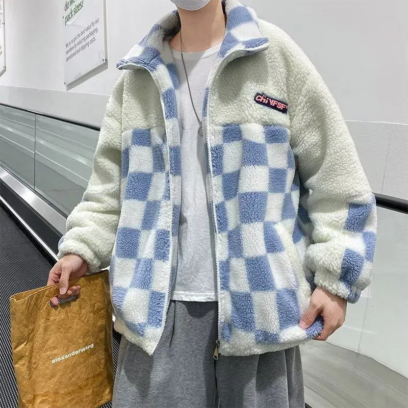 Zip-Up Plaid Workwear Style Retro Teddy Coat