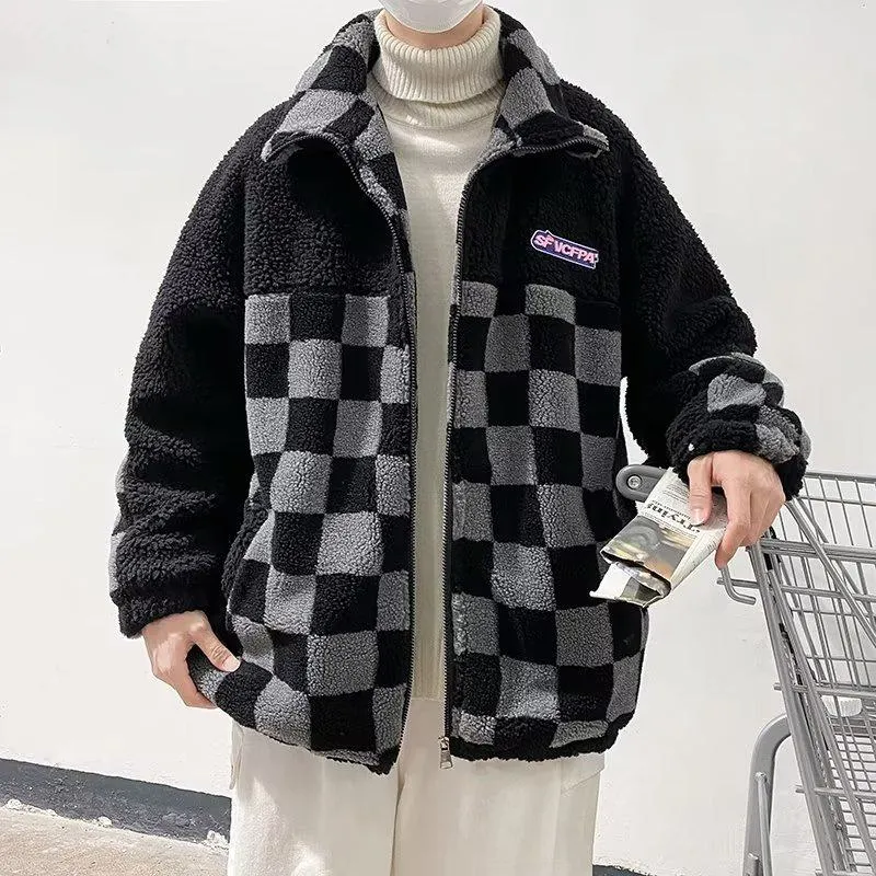 Zip-Up Plaid Workwear Style Retro Teddy Coat